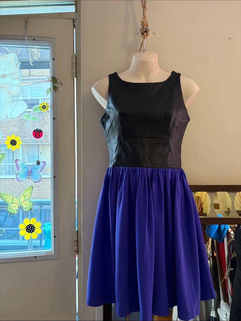 Amanda Uprichard Black and Royal Blue Sleeveless Mini Dress. Silk. Leather